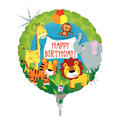 22cm Birthday Jungle Animals Holographic Foil Balloon #2532569AF - Each (Inflated, supplied air-filled on stick)