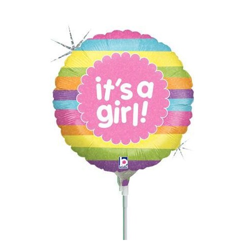 10cm Baby Girl It's A Girl Rainbow Stripes Foil Balloon #2581900AF - Each (Inflated, supplied air-filled on stick)