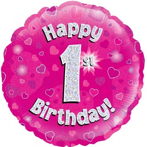 45cm Round Happy 1st Birthday Pink Holographic Foil Balloon #30210461 - Each (Pkgd.)