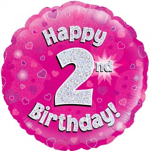 45cm Round Happy 2nd Birthday Pink Holographic Foil Balloon #30210462 - Each (Pkgd.)