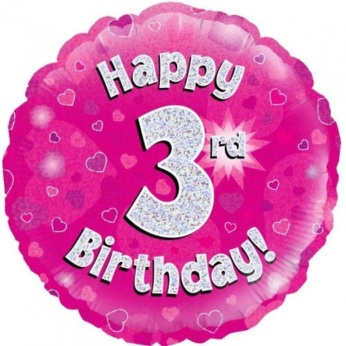 45cm Round Happy 3rd Birthday Pink Holographic Foil Balloon #30210463 - Each (Pkgd.)