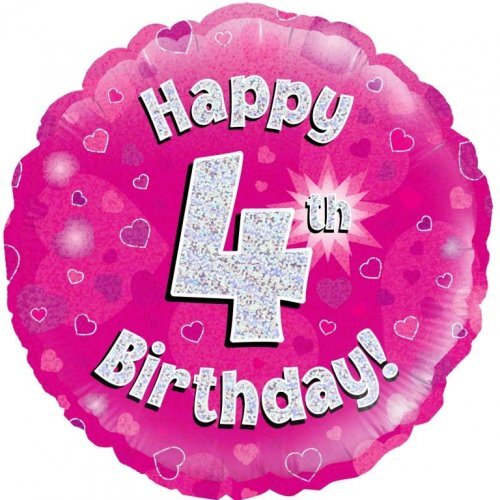45cm Round Happy 4th Birthday Pink Holographic Foil Balloon #30210464 - Each (Pkgd.)