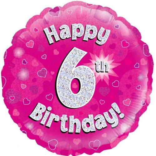 45cm Round Happy 6th Birthday Pink Holographic Foil Balloon #30210466 - Each (Pkgd.)