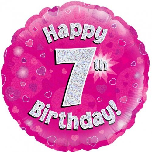 45cm Round Happy 7th Birthday Pink Holographic Foil Balloon #30210467 - Each (Pkgd.)