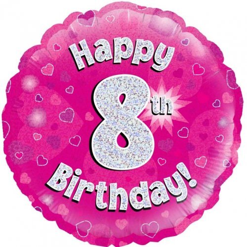 45cm Round Happy 8th Birthday Pink Holographic Foil Balloon #30210468 - Each (Pkgd.)