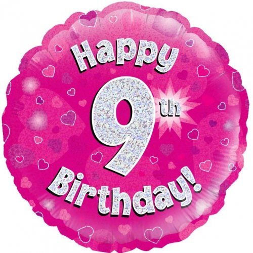 45cm Round Happy 9th Birthday Pink Holographic Foil Balloon #30210469 - Each (Pkgd.)