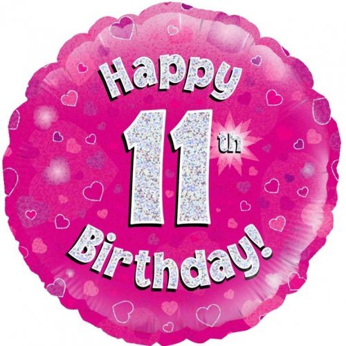 45cm Round Happy 11th Birthday Pink Holographic Foil Balloon #30210471 - Each (Pkgd.)