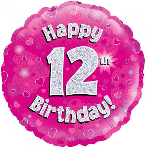 45cm Round Happy 12th Birthday Pink Holographic Foil Balloon #30210472 - Each (Pkgd.)