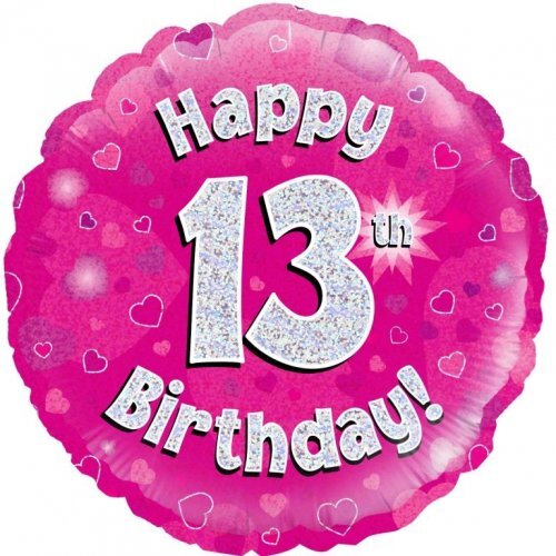 45cm Round Happy 13th Birthday Pink Holographic Foil Balloon #30210473 - Each (Pkgd.)