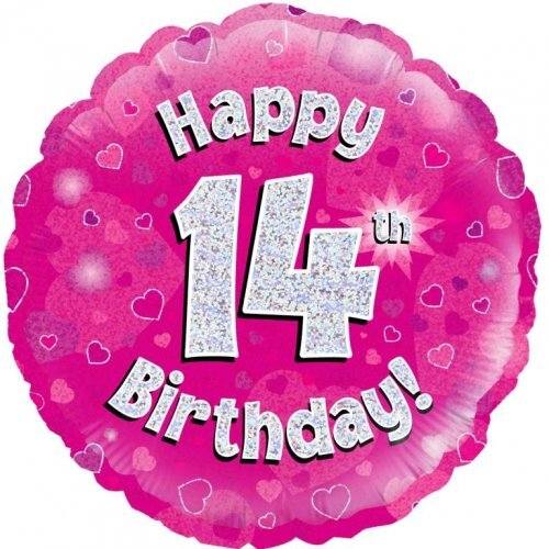 45cm Round Happy 14th Birthday Pink Holographic Foil Balloon #30210474 - Each (Pkgd.)