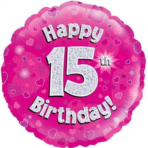 45cm Round Happy 15th Birthday Pink Holographic Foil Balloon #30210475 - Each (Pkgd.)