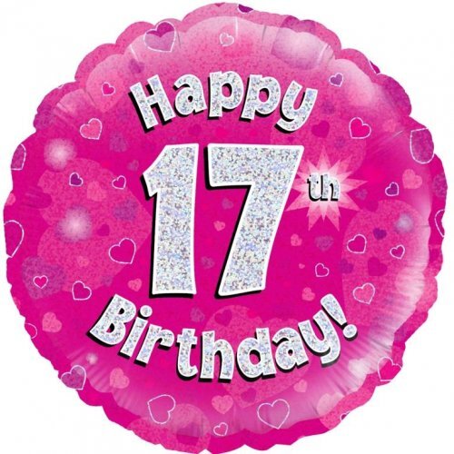 45cm Round Happy 17th Birthday Pink Holographic Foil Balloon #30210477 - Each (Pkgd.)