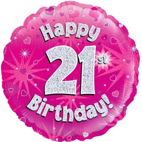 45cm Round Happy 21st Birthday Pink Holographic Foil Balloon #30210479 - Each (Pkgd.)