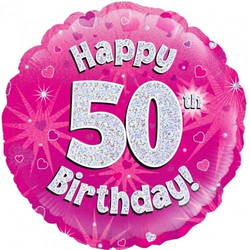 45cm Round Happy 50th Birthday Pink Holographic Foil Balloon #30210482 - Each (Pkgd.)