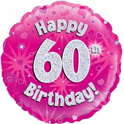 45cm Round Happy 60th Birthday Pink Holographic Foil Balloon #30210483 - Each (Pkgd.)