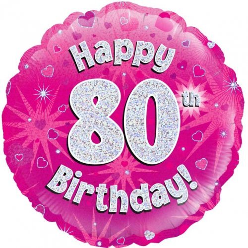 45cm Round Happy 80th Birthday Pink Holographic Foil Balloon #30210485 - Each (Pkgd.)