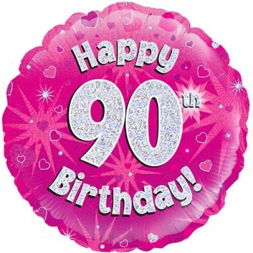 45cm Round Happy 90th Birthday Pink Holographic Foil Balloon #30210486 - Each (Pkgd.)