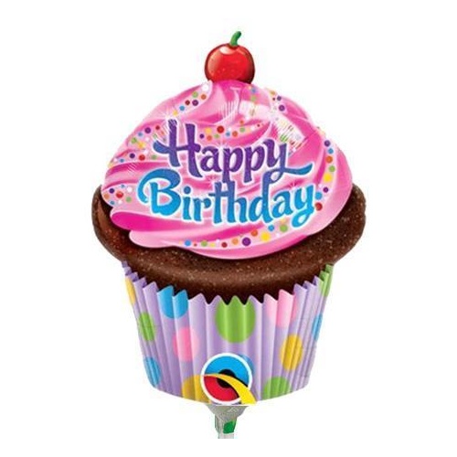 DISC Mini Shape Birthday Frosted Cupcake Foil Balloon 35cm #32935AF - Each (Inflated, supplied air-filled on stick)