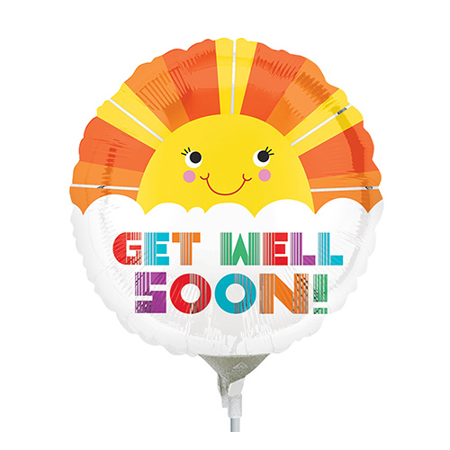 22cm Get Well Soon Smiley Sunshine Foil Balloon #4028835AF - Each (Inflated, supplied air-filled on stick) TEMPORARILY UNAVAILABE