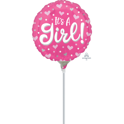 22cm It's A Girl Hearts & Dots Foil Balloon #4041428AF - Each (Inflated, supplied air-filled on stick) TEMPORARILY UNAVAILABE