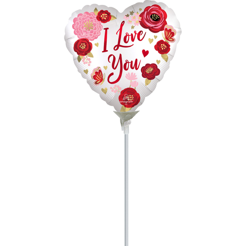 10cm I Love You Satin Flowers Foil Balloon #4043688AF - Each (Inflated, supplied air-filled on stick)