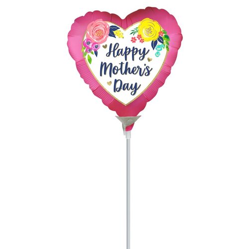 22cm Happy Mother's Day Watercolour Floral Pink Satin Foil Balloon #4044175AF - Each  (Inflated, supplied air-filled on stick)